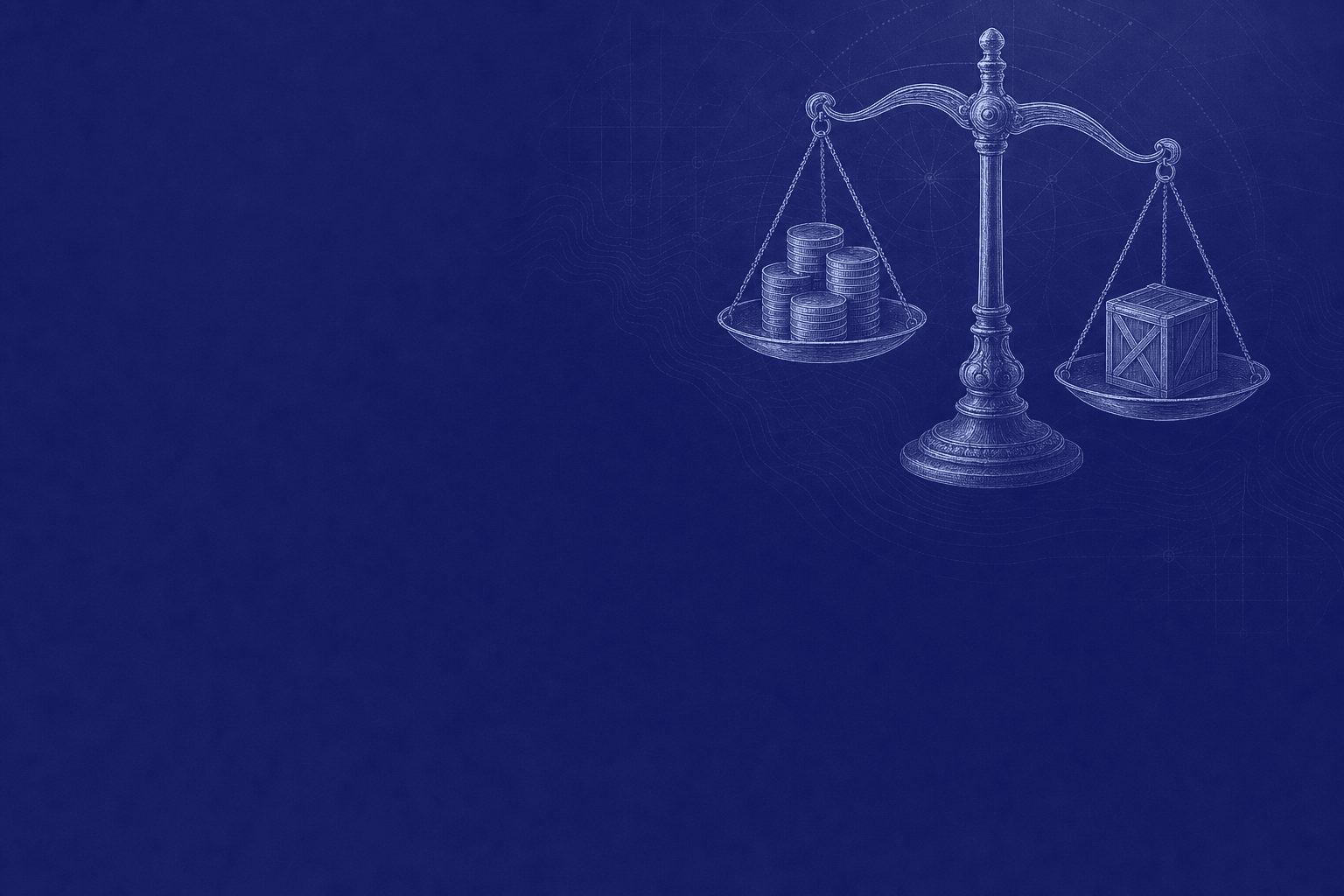 Engraved balance scale in ultramarine, standing for landed cost at your own gate